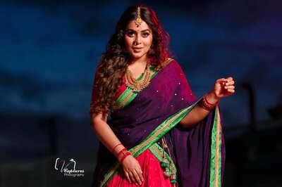 Actress Poorna Looks Nothing Short of a Goddess in Maroon-Red Saree-Cum-Lehenga