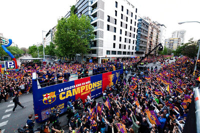 FC Barcelona Celebrate Spanish Double With Bus Parade