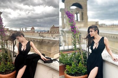 Mouni Roy Raises Temperatures in Sexy Plunging Neckline Black Dress, Fights Winds For Perfect Pose